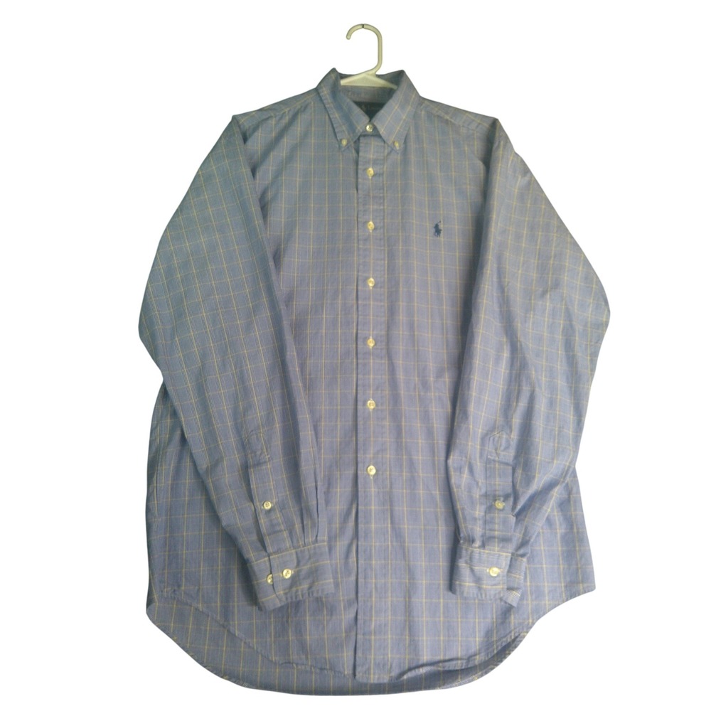Polo Ralph Lauren Yarmouth Men's 15.5 34/35 Blue Yellow Plaid Cotton Dress Shirt